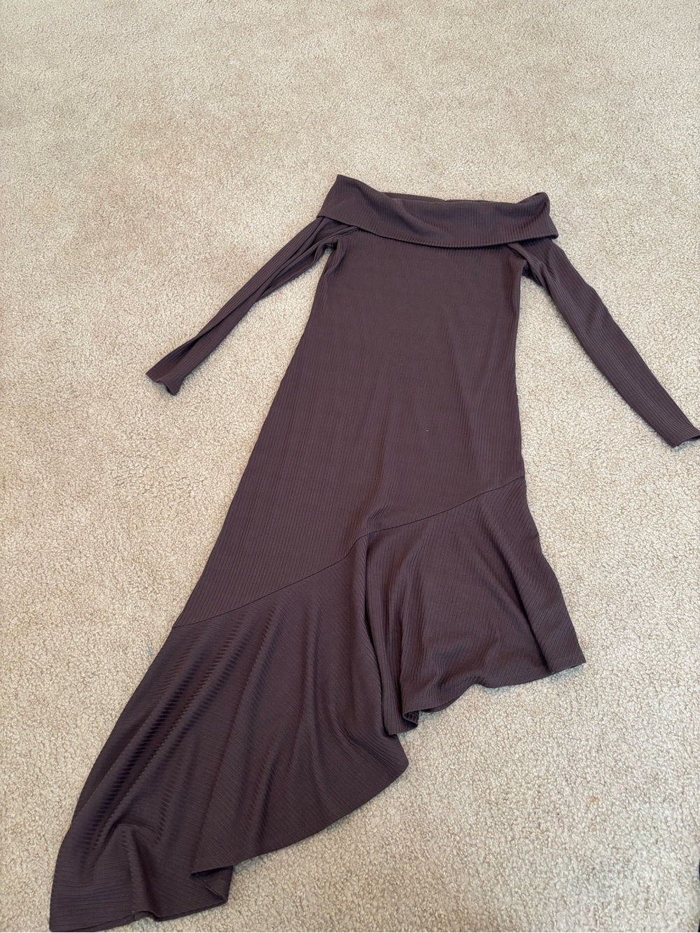 Shyanne Off-Shoulder Asymmetrical Brown Maxi Dress